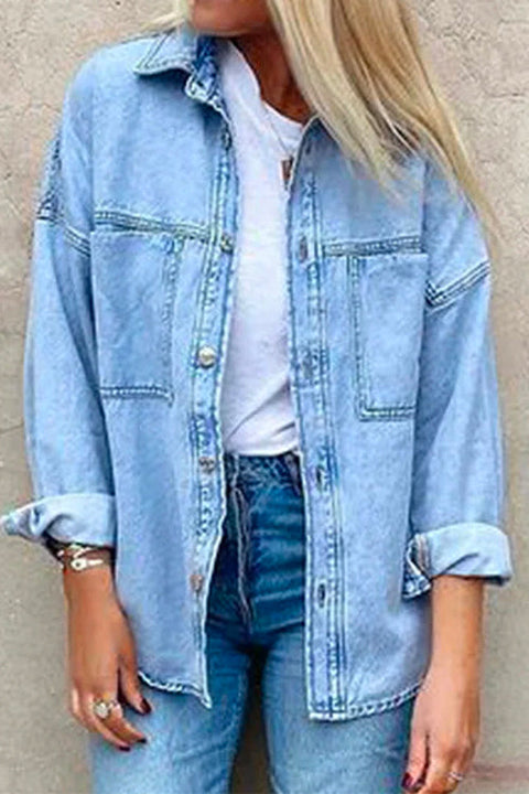 Trixiedress Drop Shoulder Long Sleeves Distressed Boyfriend Denim Shacket