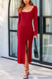 Trixiedress Square Collar Slit Ribbed Knit Bodycon Midi Dress