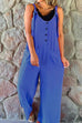 Trixiedress Scoop Neck Buttons Wide Leg Solid Cotton Linen Overalls