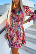 Trixiedress Printed V Neck Long Sleeve Belted Ruffle Swing Dress