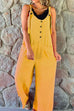 Trixiedress Scoop Neck Buttons Wide Leg Solid Cotton Linen Overalls