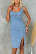 Wide Straps Slit Knee Length Denim Bodycon Dress