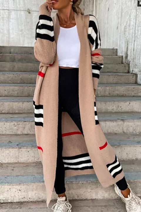 Trixiedress Open Front Color Block Striped Splice Long Sweater Cardigan