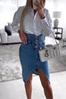 Trixiedress High Waist Slit Front Knee Length Denim Skirt