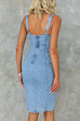 Wide Straps Slit Knee Length Denim Bodycon Dress