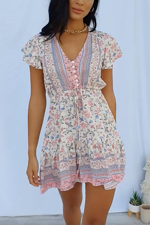 Buttoned V Neck Floral Print Pretty Mini Dress