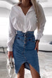 Trixiedress High Waist Slit Front Knee Length Denim Skirt