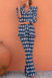 Puff Sleeves Button Up Blazer Bell Bottoms Pants Printed Set