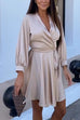 Trixiedress V Neck Long Sleeves Tie Waist Satin Wrap Dress