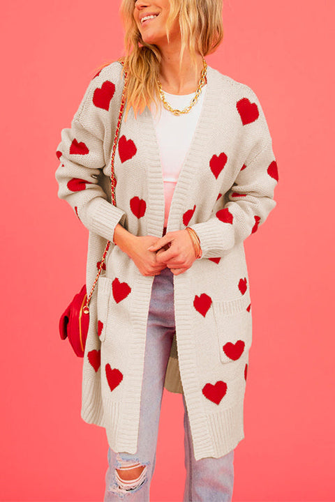 Trixiedress Open Front Pocketed Valentines Date Heart Print Cardigan