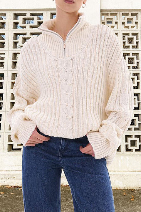 Trixiedress Zipper Up Turtleneck Cable Knit Warm Sweater