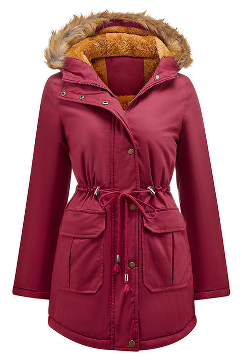 Trixiedress Zip Up Drawstring Waist Fleece Lined Hoodied Parka Coat