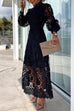 Trixiedress Mockneck Puff Sleeves Lace Hollow Out Mid Dress