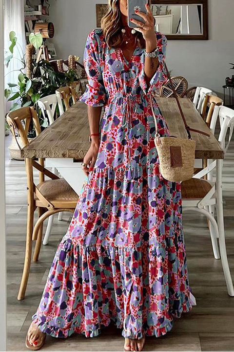 Trixiedress V Neck Drawstring Waist Ruffle Tiered Printed Maxi Holiday Dress