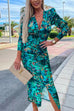 Trixiedress Deep V Neck Long Sleeve Ruched Slit Printed Bodycon Dress