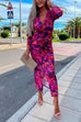 Trixiedress Deep V Neck Long Sleeve Ruched Slit Printed Bodycon Dress