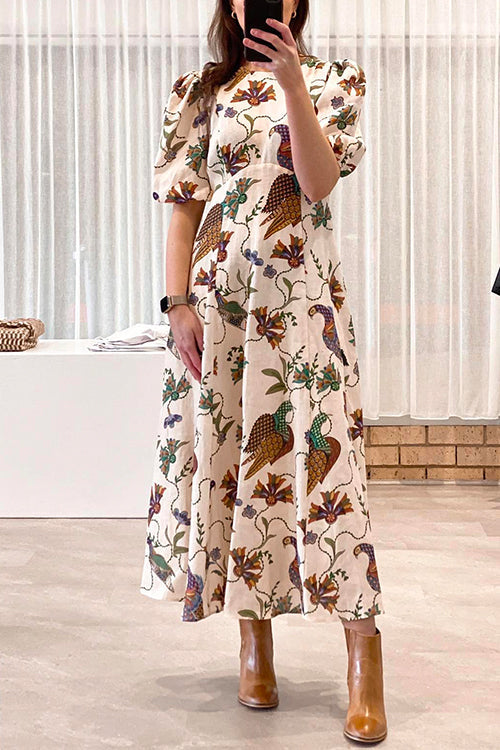 Trixiedress Puff Sleeves High Waist Unique Printed Maxi Swing Dress