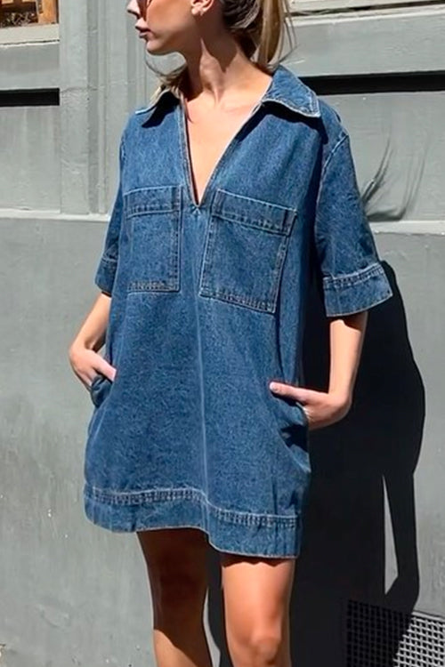 Trixiedress V Neck Pocketed Tara Denim Mini Dress