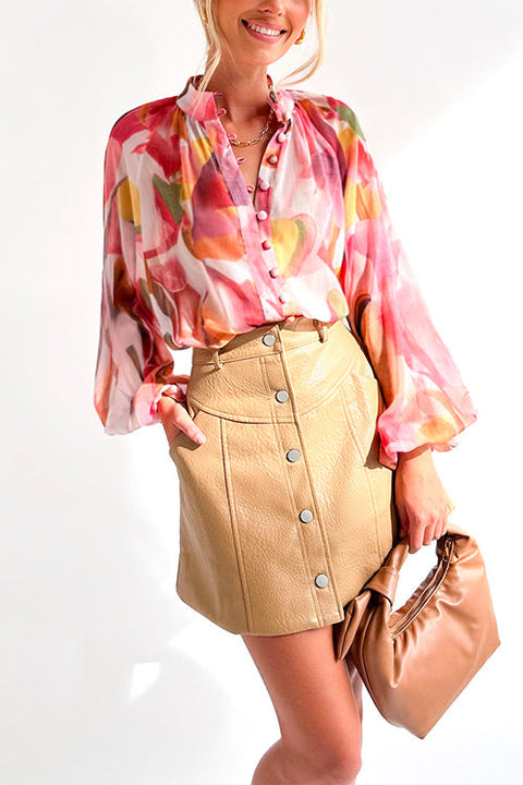 Trixiedress Stand Collar Balloon Sleeves Button Down Flowy Printed Shirt