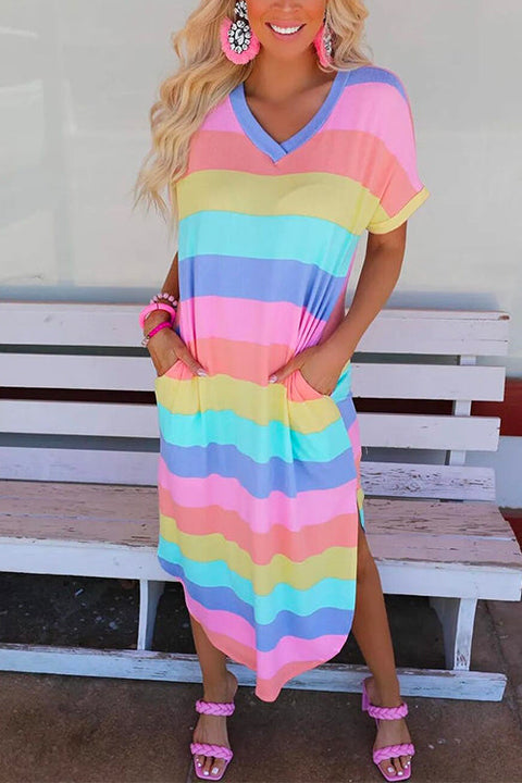 Trixiedress Curve Hem Side Split Rainbow Stripes Midi Dress