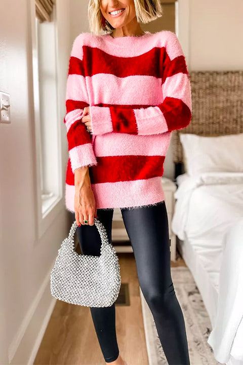 Trixiedress Round Neck Striped Cute Pullover Sweater