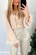 V Neck Feather Trim Bell Sleeves Button Down Blouse Shirt