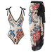 Mixiedress Floral Print V Neck Tie Shoulder One-piece Swimwear and Wrap Cover Up Skirt Set