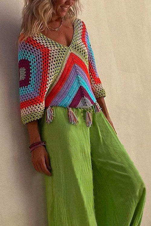 Trixiedress V Neck Rainbow Color Block Tassel Hollow Out Crochet Top