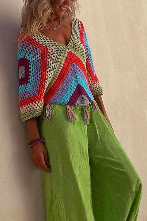 Trixiedress V Neck Rainbow Color Block Tassel Hollow Out Crochet Top