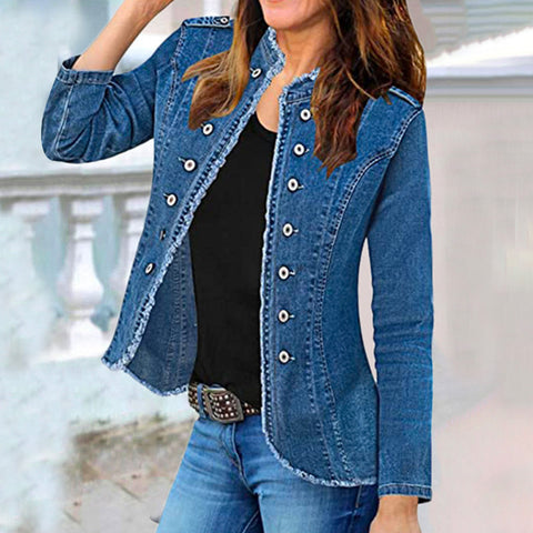 Trixiedress Stand Collar Double Breasted Raw Hem Denim Jacket