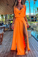 Trixiedress V Neck High Slit Maxi Cover Up Dress with Crop Cami Top Beach Set