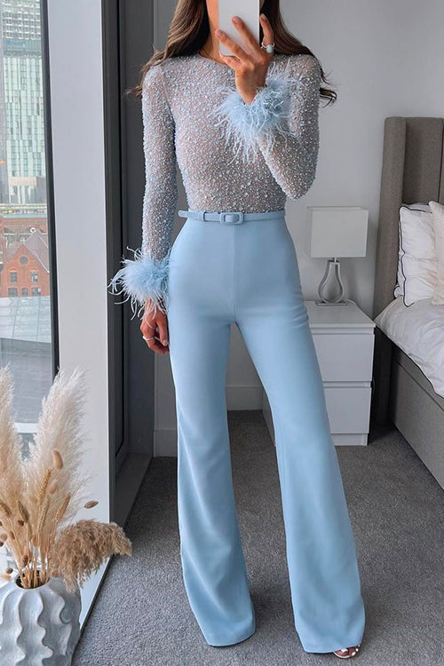 Trixiedress Feather Hem Sequin Splice Flare Bottoms Skinny Jumpsuit