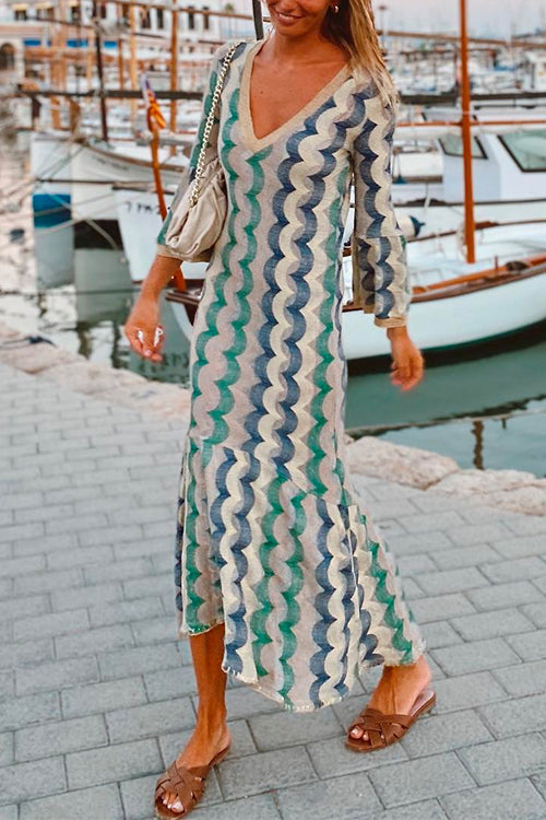 V Neck Color Block Printed Ruffle Midi Dress