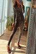 Deep V Neck Long Sleeves Slim Fit Leopard Jumpsuit