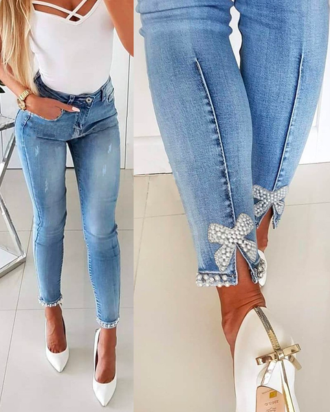 Trixiedress Bow Knot Pearl Beaded Pencil Denim Pants