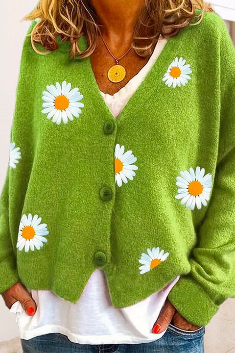 Trixiedress V Neck Button Up Daisy Embroidery Sweater Cardigan