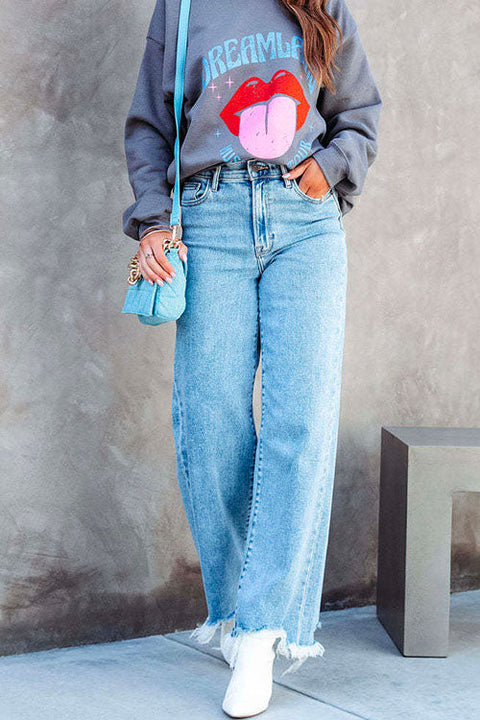 Trixiedress Raw Hem Wide Leg Casual Denim Pants