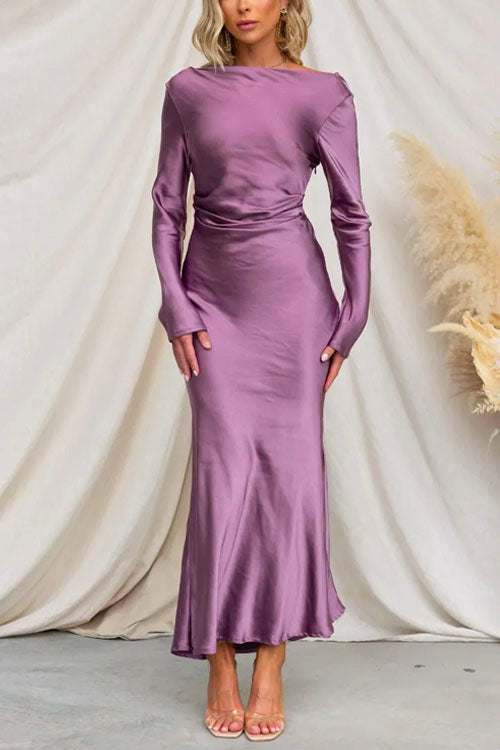 Chicest Boat Neck Long Sleeves Draped Back Satin Maxi Dress